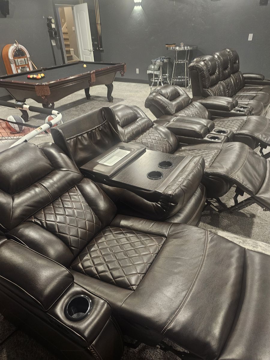Premium Brown Faux-Leather Power Reclining Home Theater Sofa with Center Console