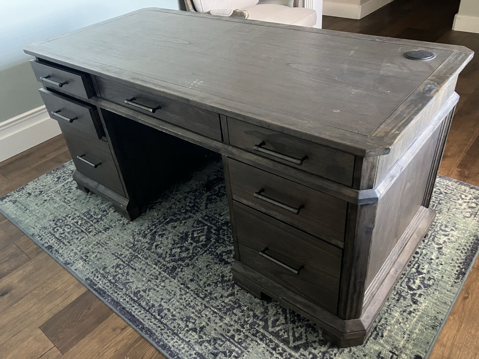 Rustic Dark Wood Executive Office Desk with Storage Drawers