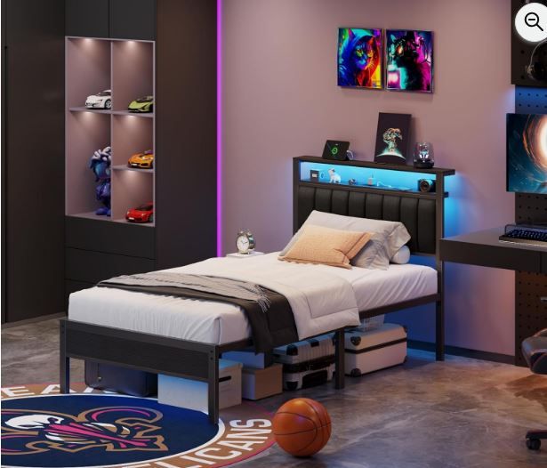 NEW! Twin Bed Frame w/Charging Station & LED Lights, 2-Tier storage Headboard (Black)