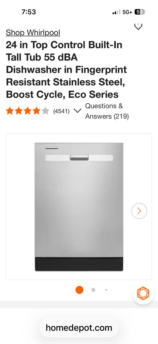 Whirlpool 24in Top Control Built-In Tall Tub Dishwasher 55dBA Fingerprint Resistant Stainless Steel