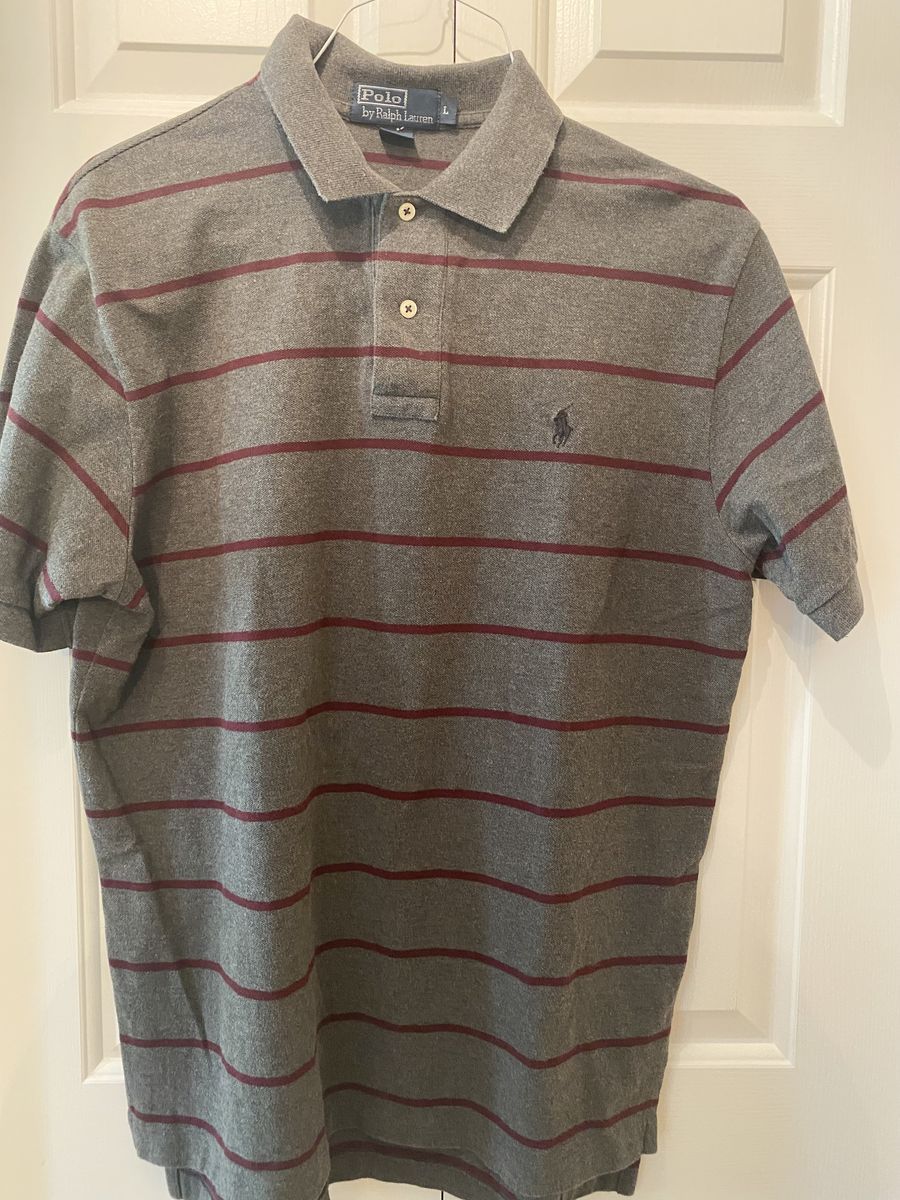 Polo by Ralph Lauren Men's Gray & Burgundy Striped Short Sleeve Polo Shirt - Size L - C PIX