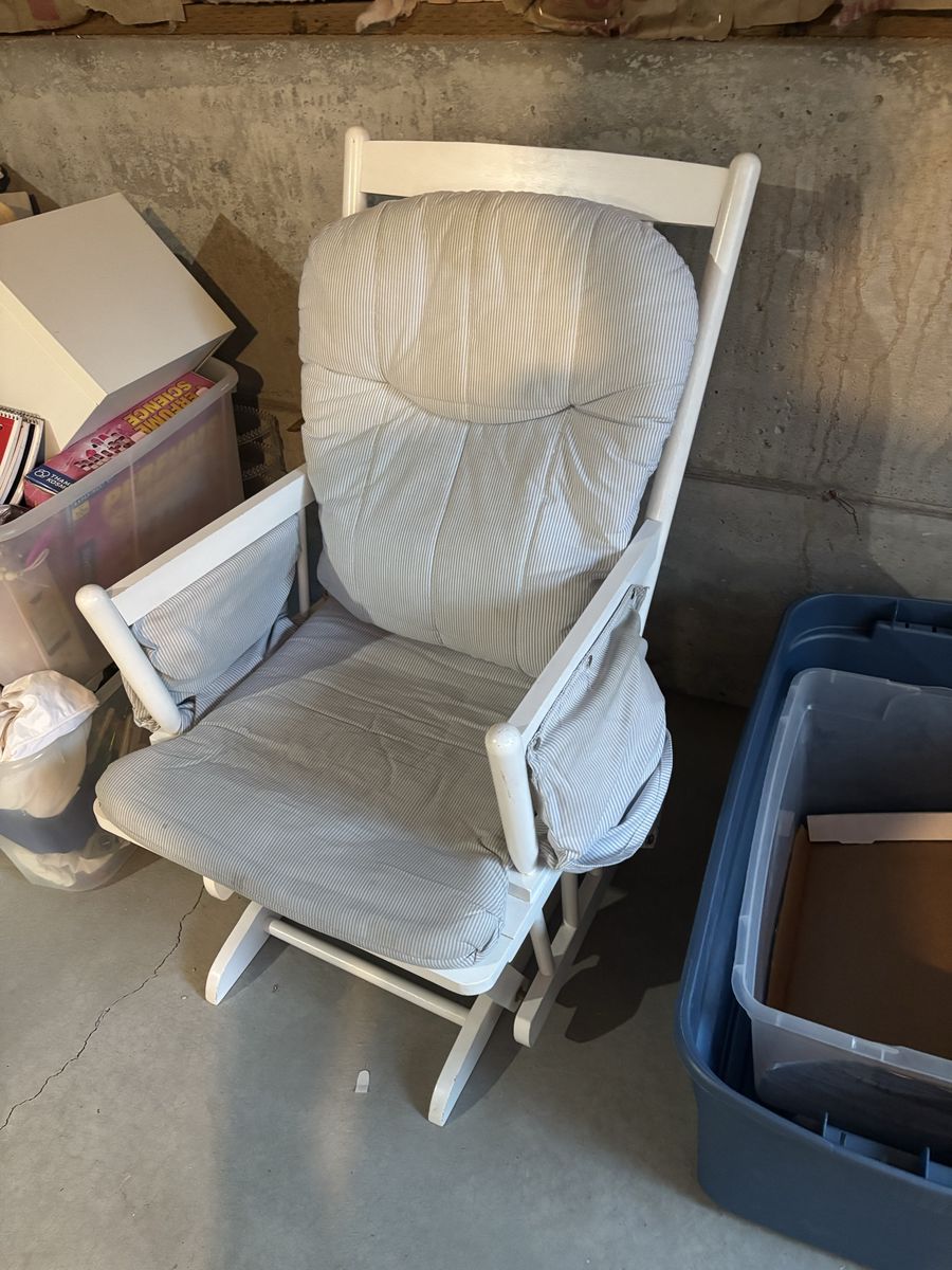 White Wooden Glider Rocking Chair with Blue and White Striped Cushions