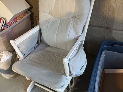 White Wooden Glider Rocking Chair with Blue and White Striped Cushions