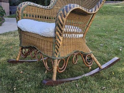 Vintage Wicker Rocking Chair - Natural & Green Woven Design