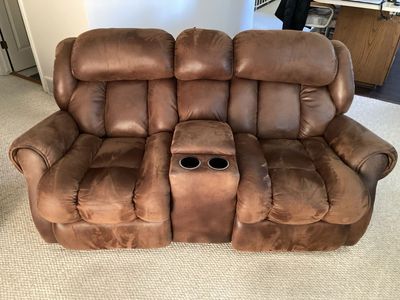 Brown Faux Leather Reclining Loveseat with Console and Cupholders