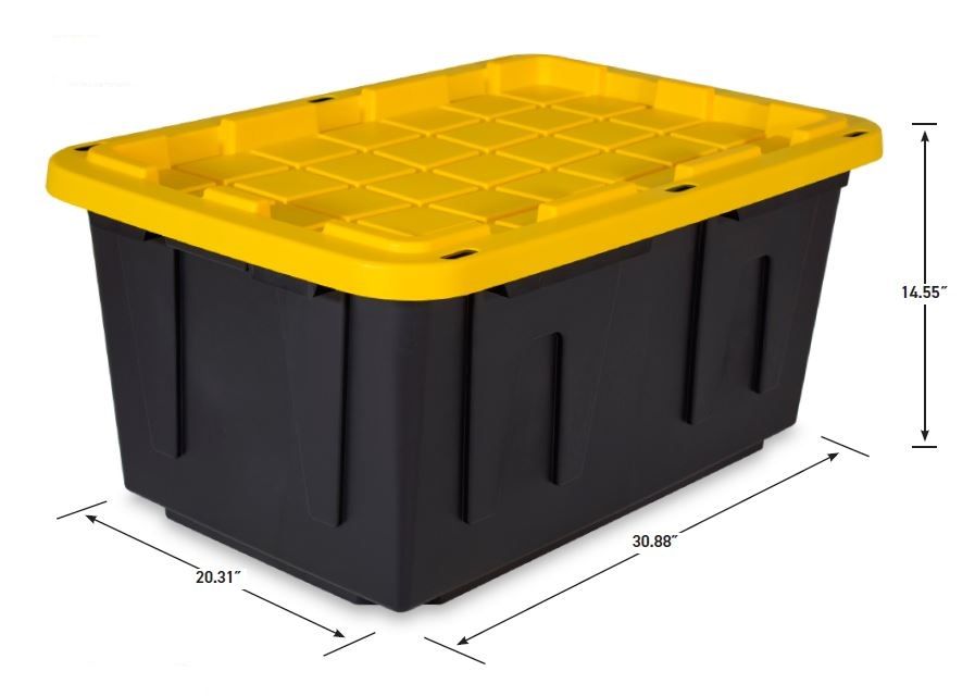 3 Heavy Duty Plastic Storage Tote Box Black with Yellow Lid 27 gallons
