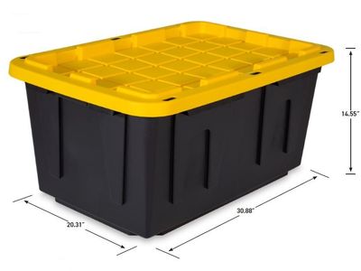 3 Heavy Duty Plastic Storage Tote Box Black with Yellow Lid 27 gallons