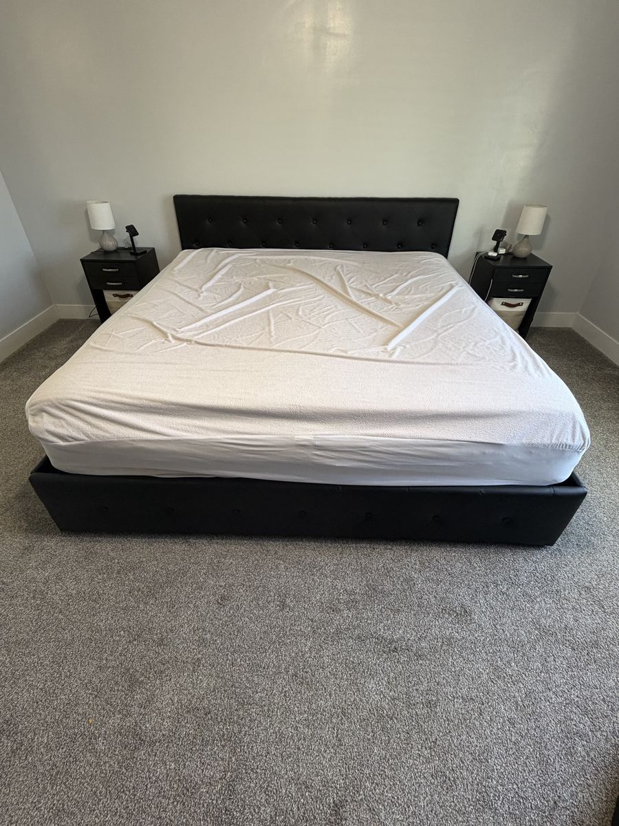 Black Tufted King Platform Bed Frame with Storage Drawers