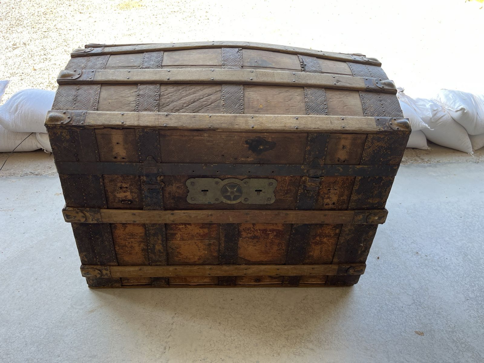 Vintage Steamer Trunk | Wooden with Metal Straps & Original Hardware | Antique Storage Chest