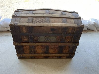 Vintage Steamer Trunk | Wooden with Metal Straps & Original Hardware | Antique Storage Chest