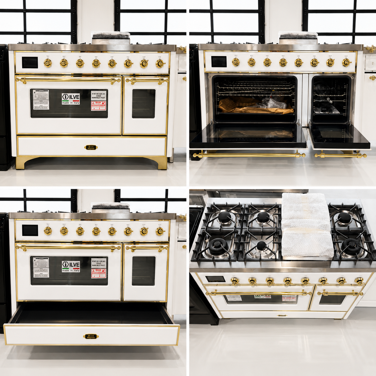 NEW ILVE Majestic 48" Dual Fuel Range – White w/ Gold Trim – UM12FDNS3/WHG
