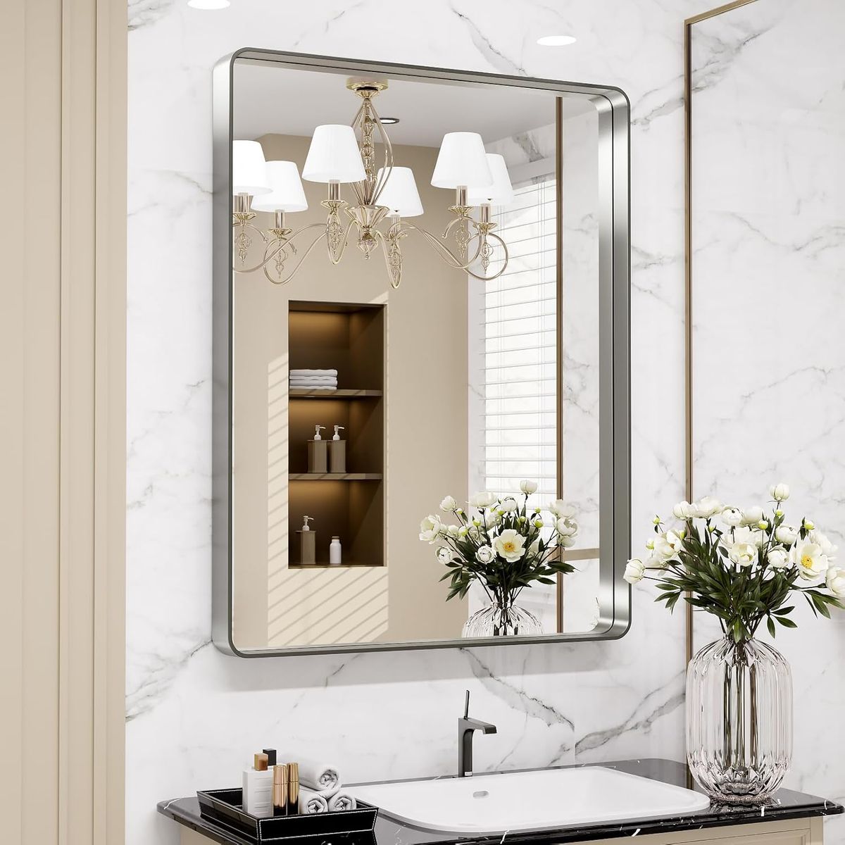 24" x 32" Brushed Nickel Bathroom Mirror, Rounded Rectangle Silver Metal Frame Mirror