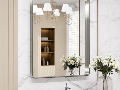 24" x 32" Brushed Nickel Bathroom Mirror, Rounded Rectangle Silver Metal Frame Mirror