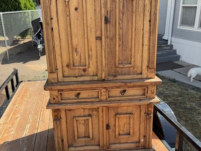 Rustic Solid Wood Armoire Wardrobe Cabinet Storage Unit - Arched Doors, Drawers & Shelves