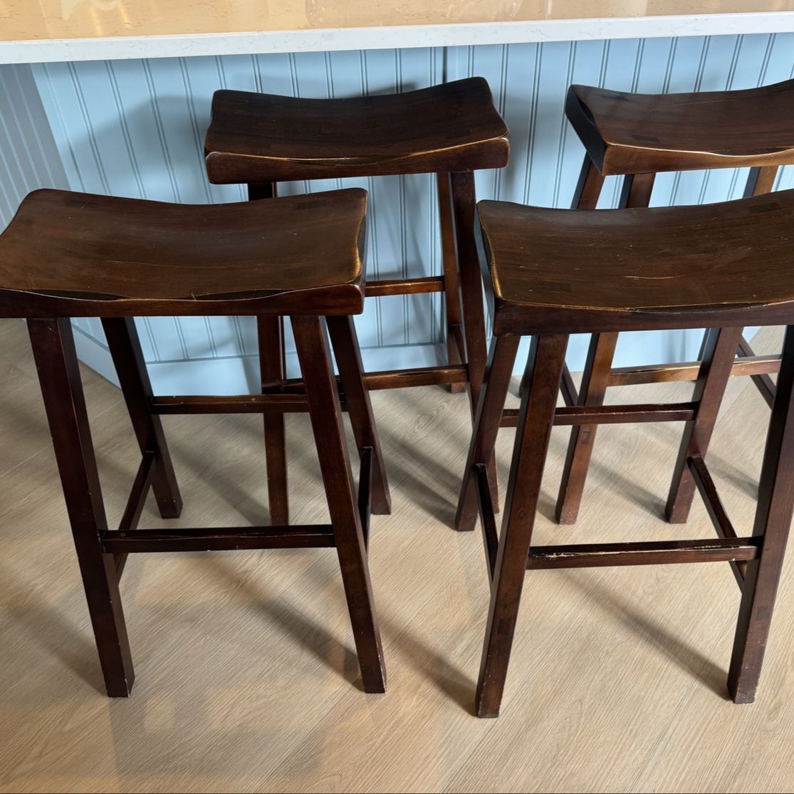 Set of 4 Dark solid Wood Saddle Seat Pottery Barn Bar Stools- 31in high