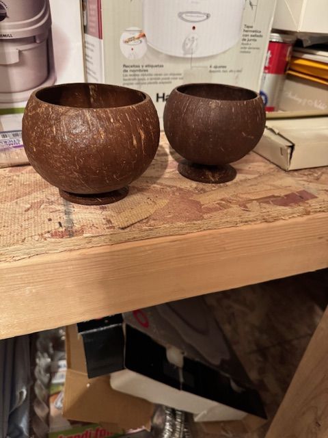 small coconut shell cups (or coconut goblets) made from polished coconut shells