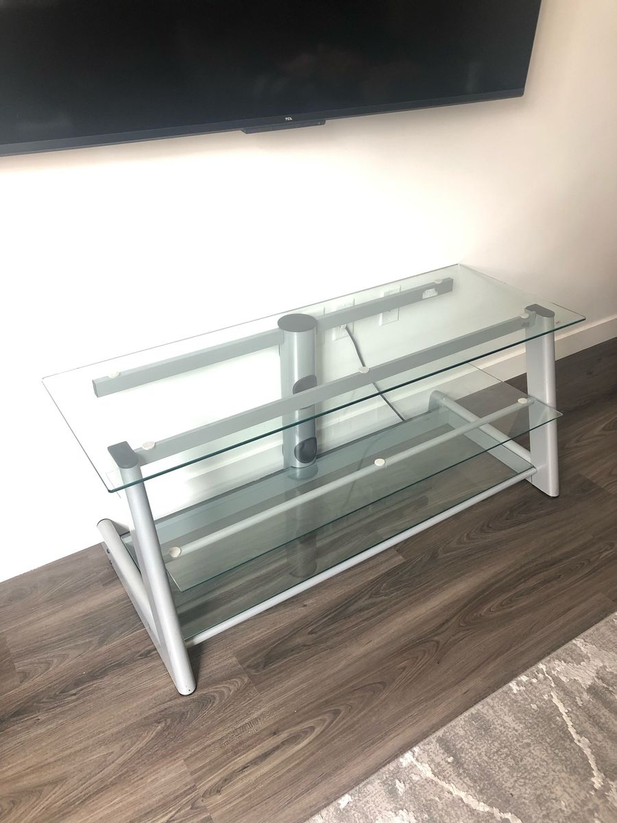 Modern Glass TV Stand / Media Console with 3 Shelves - Silver Frame