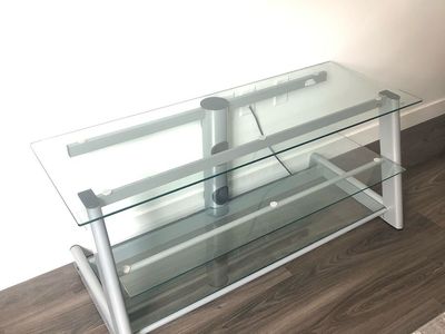 Modern Glass TV Stand / Media Console with 3 Shelves - Silver Frame