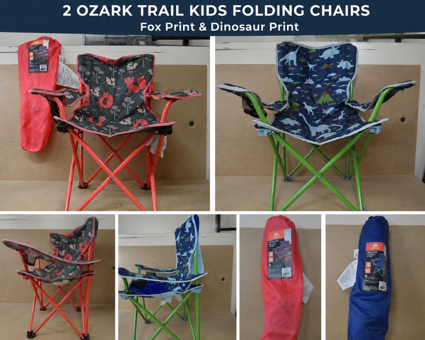 2 Ozark Trail Kids Folding Camping Chairs with Carry Bags – Fox & Dinosaur Prints