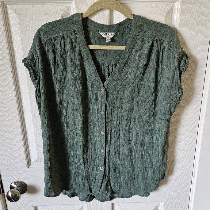 Orvis Classic Collection Women's Green Crinkle Button-Front Blouse L/G