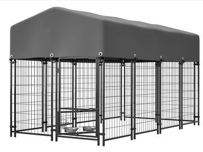 New in Box 8x4x5 FT Outdoor Dog Kennel with Waterproof Roof & Swivel Feeder, Heavy Duty Steel Dog Run Enclosure