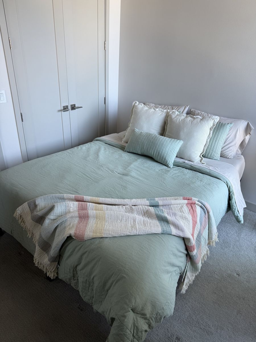 Queen bed frame, mattress, + all bedding/pillows