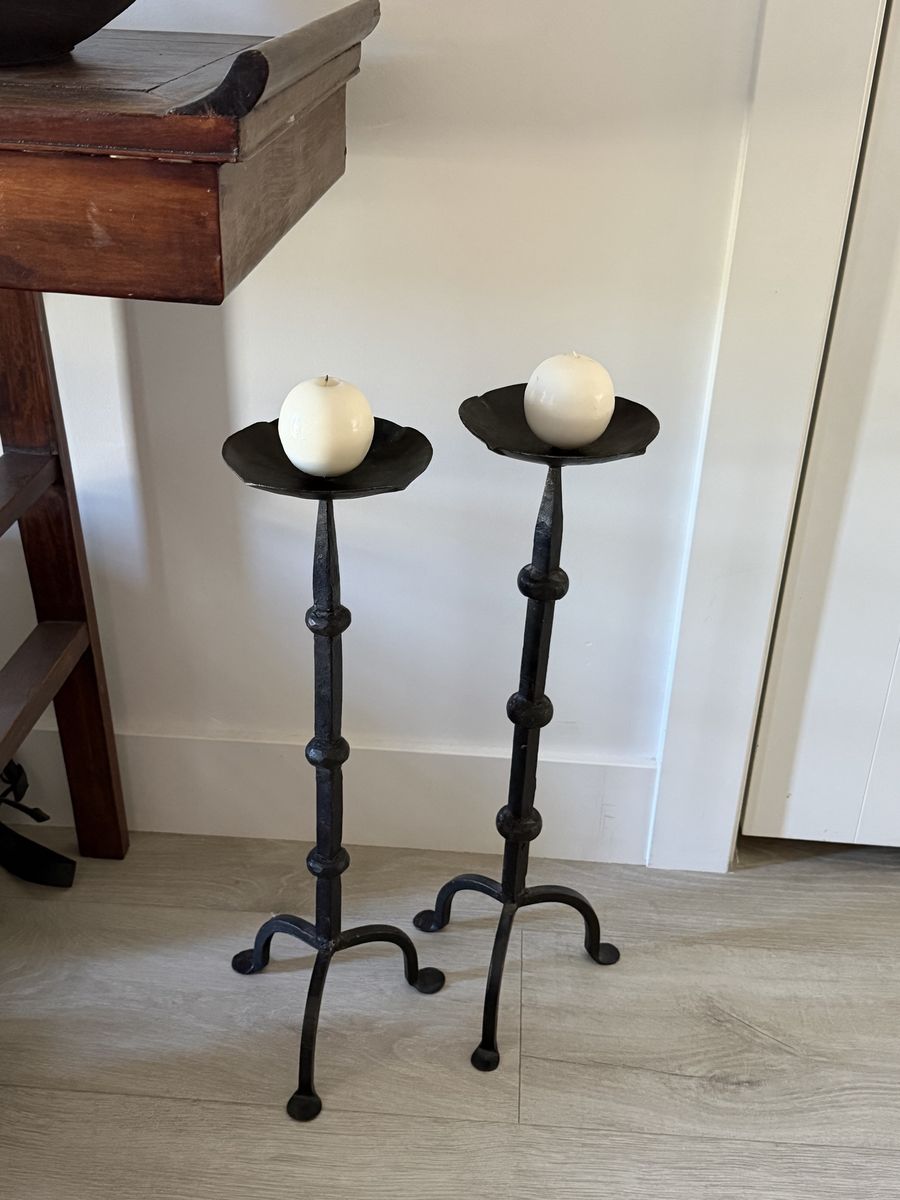 Pair of vintage brutalist hand-forged wrought iron floor candle holders