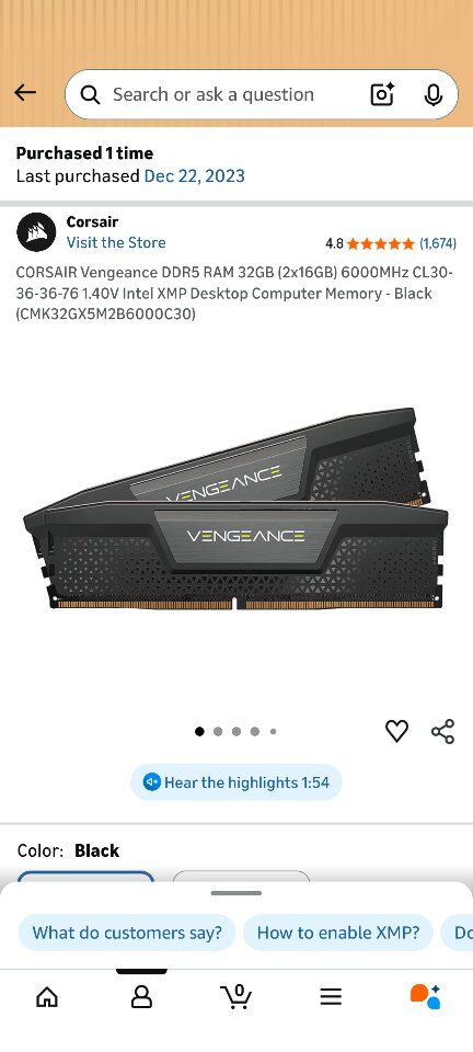 32 GB (2x16GB) 6000MHz DDR5 RAM Corsair Vengance