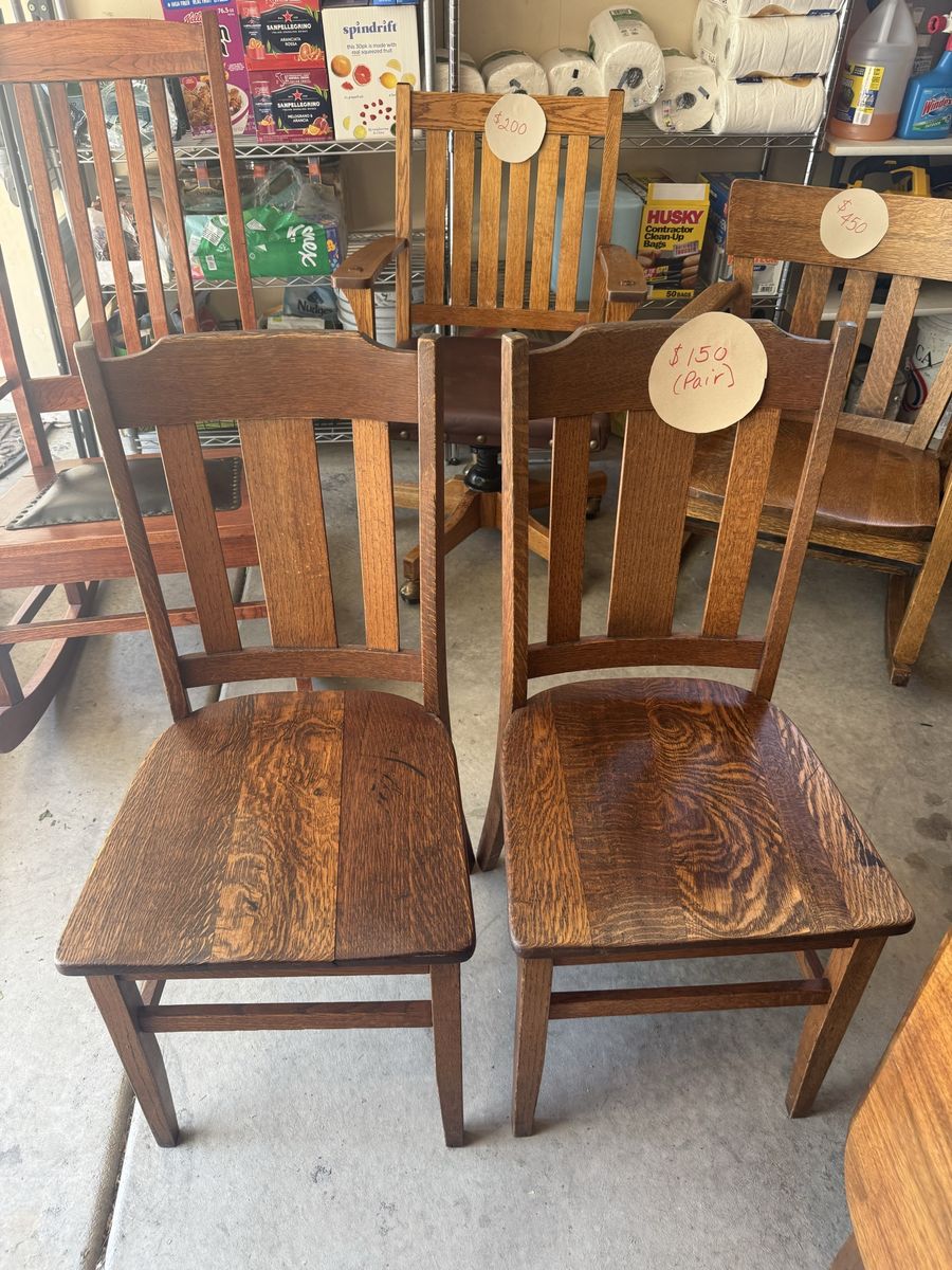 Vintage Solid Oak Dining Chairs (Pair) - Slat Back, Sturdy Wood Construction