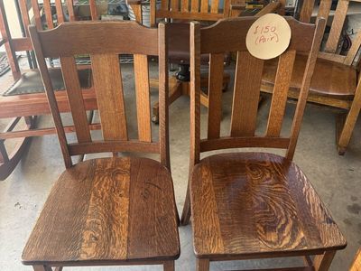 Vintage Solid Oak Dining Chairs (Pair) - Slat Back, Sturdy Wood Construction