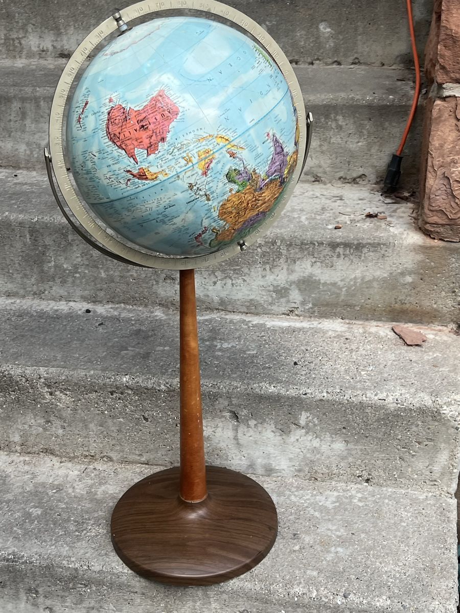 Vintage Floor Standing World Globe with Wooden Stand and Metal Meridian