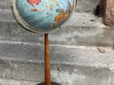 Vintage Floor Standing World Globe with Wooden Stand and Metal Meridian