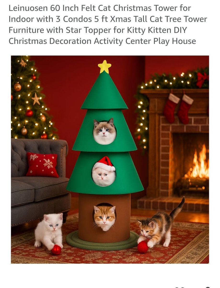 Leindosen 60-inch Felt Cat Christmas Tree Tower, 3 Condo Cat Tree, Star Topper, DIY Activity Play House