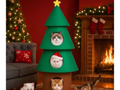 Leindosen 60-inch Felt Cat Christmas Tree Tower, 3 Condo Cat Tree, Star Topper, DIY Activity Play House