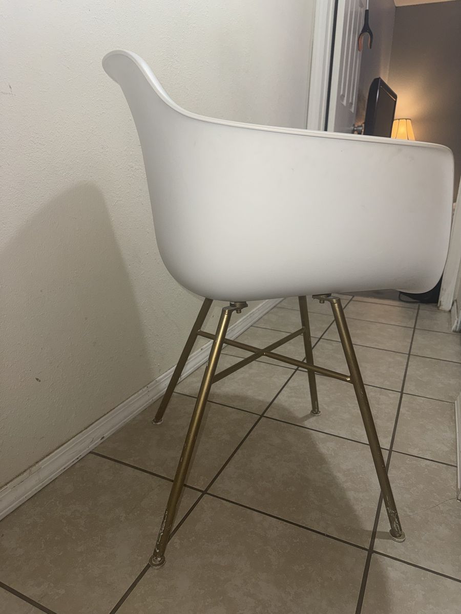 Modern White Molded Plastic Armchair with Gold-Tone Metal Legs