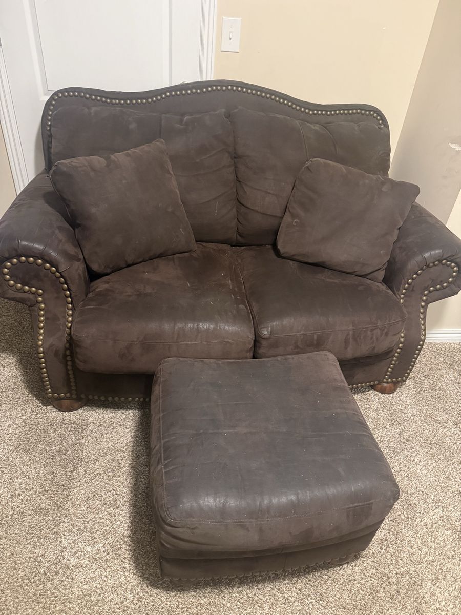 Dark Brown Leather Sofa & Loveseat with Ottoman - Nailhead Trim