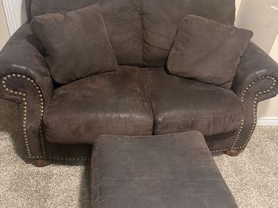 Dark Brown Leather Sofa & Loveseat with Ottoman - Nailhead Trim