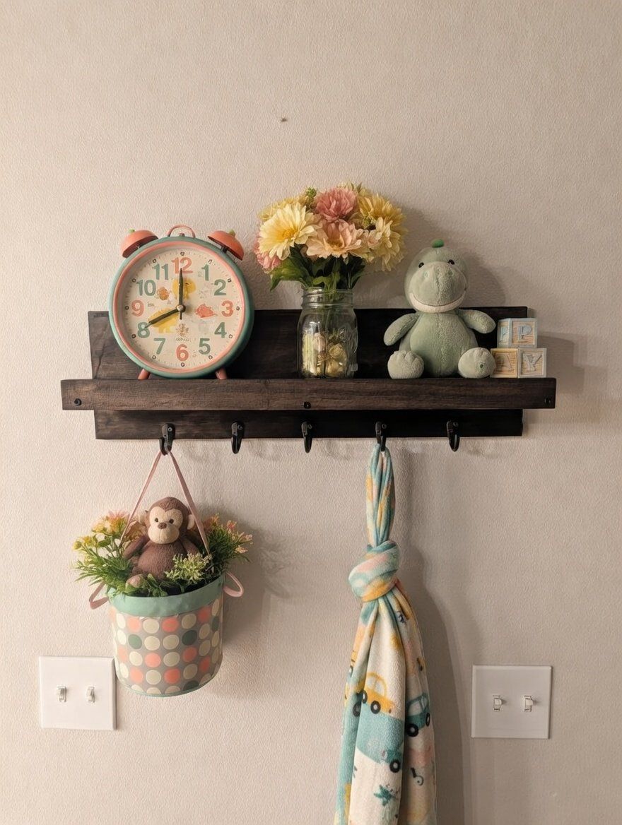 Nursery Wall Shelf with Hooks