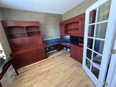 Custom Cherry Wood Office Desk and Hutch Set with File Drawers & Storage - Excellent Condition