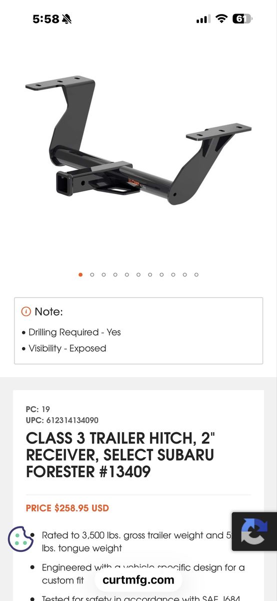 CURT Trailer Hitch #13409 for 2019 up Subaru Forester