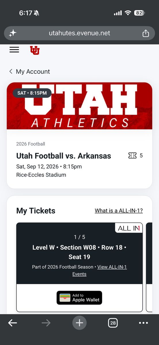 Utah vs Arkansas Football - 2 tickets Section W8
