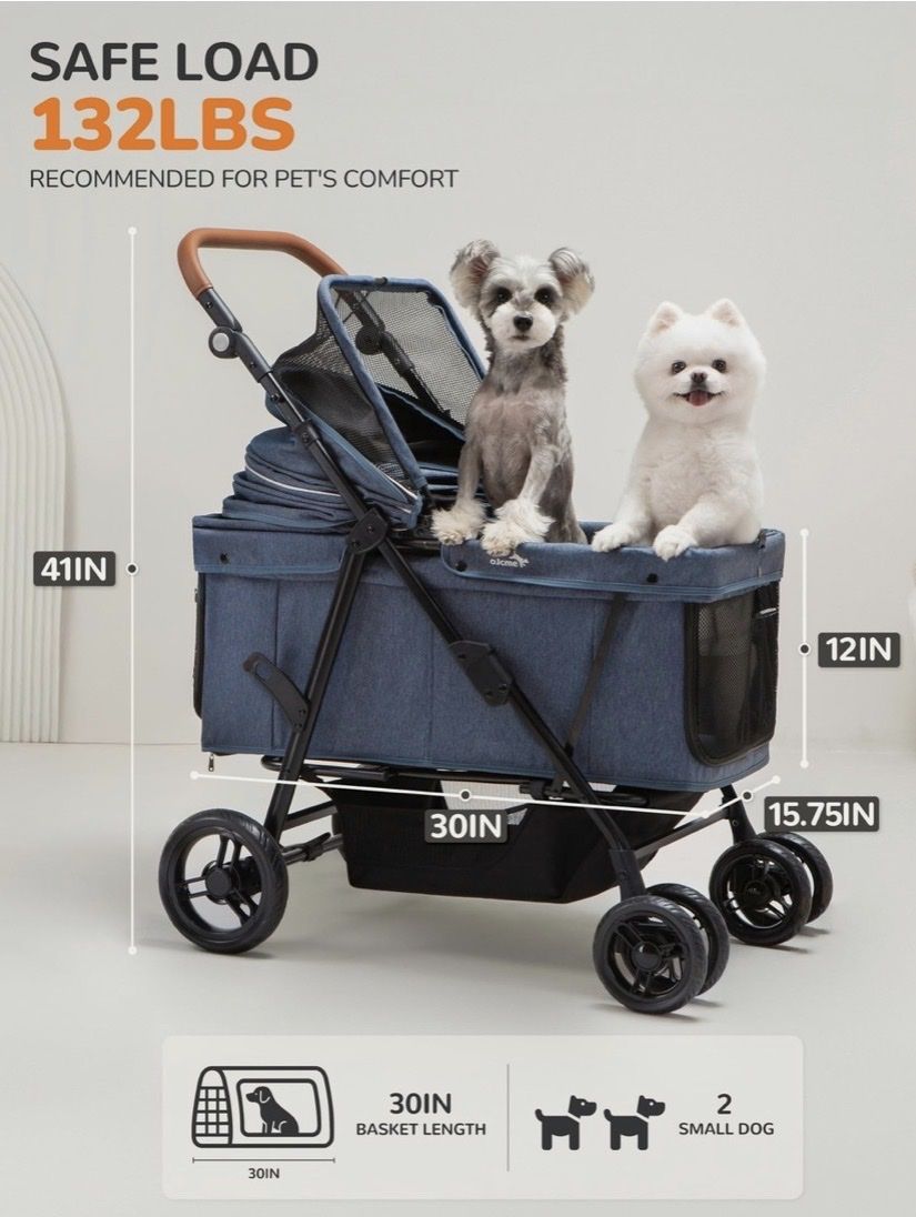 Multi-functional Pet Stroller, 132lb Capacity, for Small/Medium Dogs, Adjustable, Portable, Blue