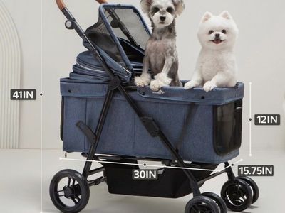 Multi-functional Pet Stroller, 132lb Capacity, for Small/Medium Dogs, Adjustable, Portable, Blue
