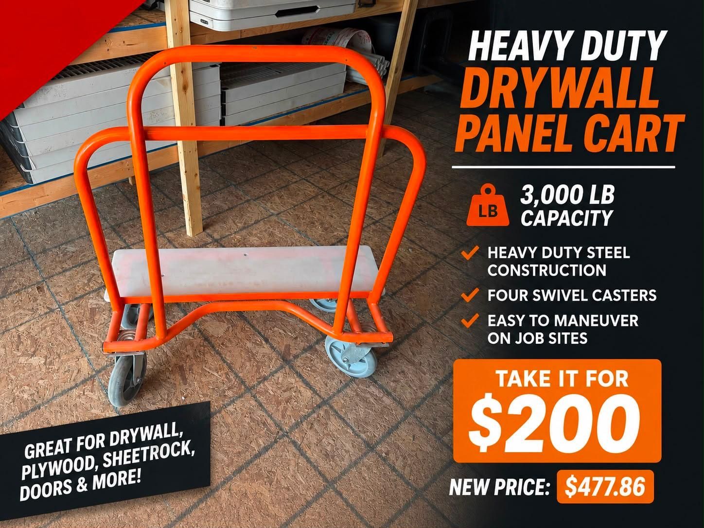 Heavy Duty Drywall Panel Cart - 3,000 LB Capacity, Steel Construction, Swivel Casters