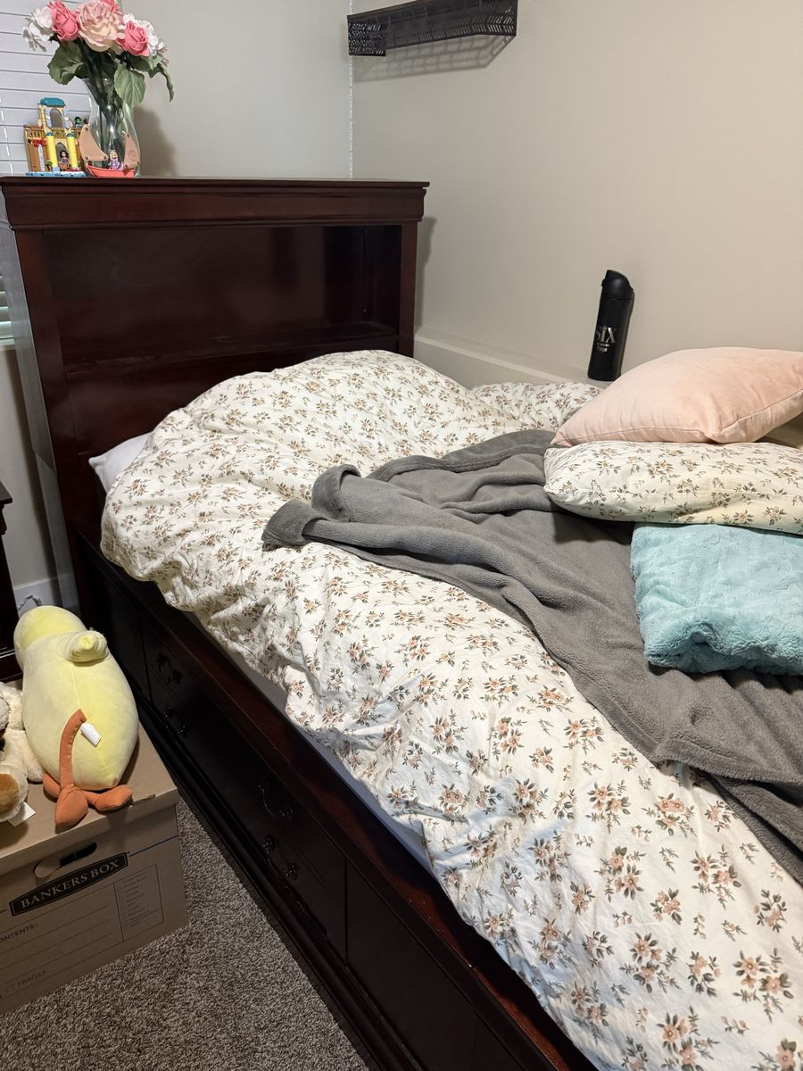 Dark Wood Storage Bed Frame with Bookshelf Headboard
