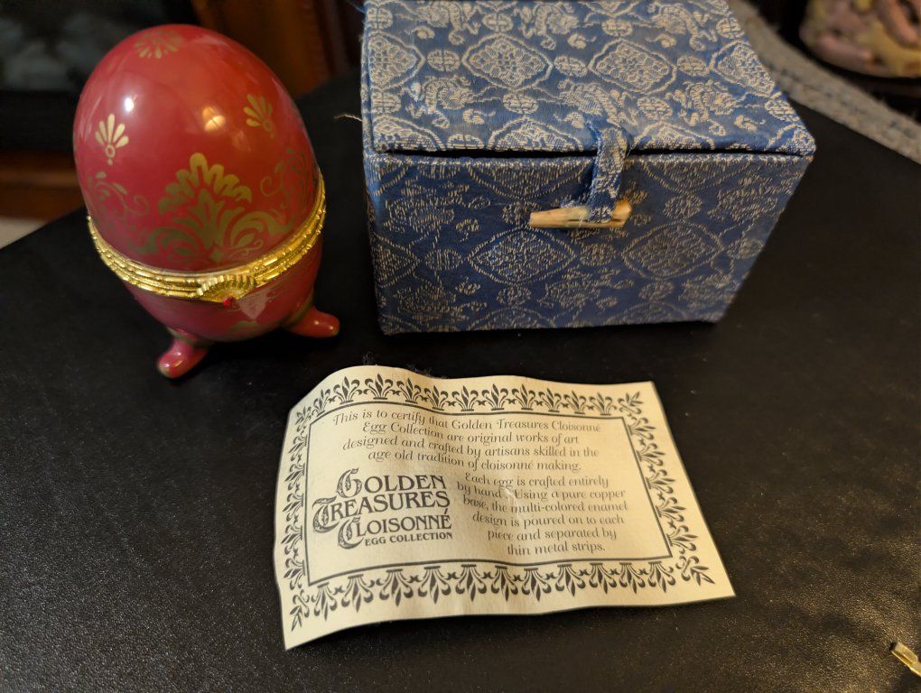 Vintage Golden Treasures Cloisonné Egg Clock Trinket Box Red Gold w/ COA handmade