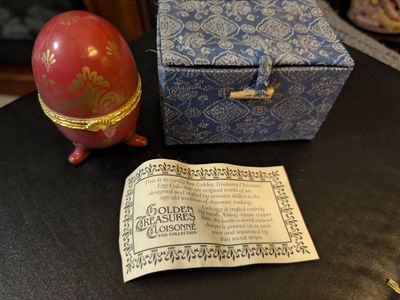 Vintage Golden Treasures Cloisonné Egg Clock Trinket Box Red Gold w/ COA handmade