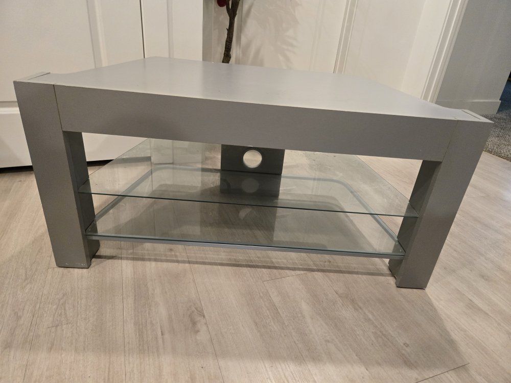 Corner TV Stand Media Console - Gray Wood with Glass Shelves, Cable Management