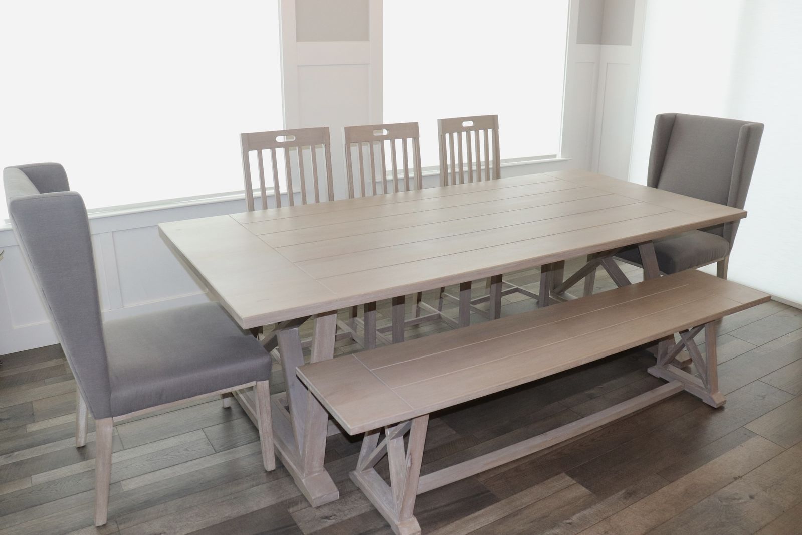 Solid Wood Farmhouse Dining Table Set (Seats 8–10) – Bench + 5 Chairs – Like New