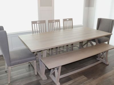 Solid Wood Farmhouse Dining Table Set (Seats 8–10) – Bench + 5 Chairs – Like New